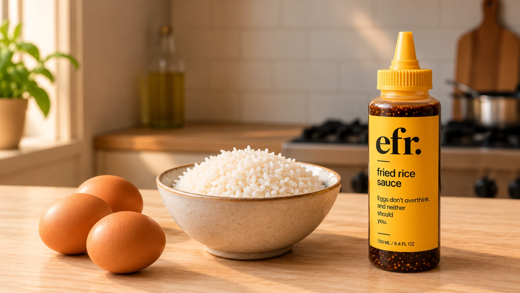 Yellow-labeled efr. fried rice sauce squeeze bottle with jasmine rice and three brown eggs in a sunlit kitchen
